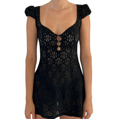 Yiiciovy Women Bikini Dress Sarong Beach Wrap Tunics Beach Cover Ups Summer Lace Short Sleeve Hollow Out Swimwear Mini Dress