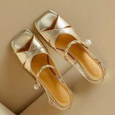 A Line with Open Toe Thick Heel Sandals Summer New Square Head Cross with Pearl Ancient Fish Mouth Heel Shoes