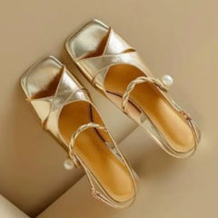A Line with Open Toe Thick Heel Sandals Summer New Square Head Cross with Pearl Ancient Fish Mouth Heel Shoes