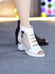 Summer High Heels Women Fashion Mesh Solid Colour Sandals Fish Mouth Chunky Heel Shoes Back Zip Short Boots Sandalia Mujer