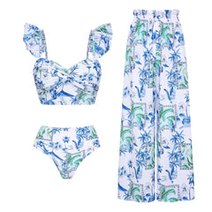 Flaxmaker Summer New Women Sexy Hawaiian Lace Up V Neck Ruffle Swimsuit and Sarong Women Swimwear Set Push Up Bathing Suit