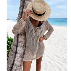 2023 Crochet Beach Cover Up Sexy Bikinis Cover-ups Hollow Out White Tunic Knitted Mini Summer Dress Women Beachwear Swim Suit