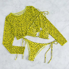 Women Leopard Swimwear 3 Piece Bikini Set 2023 New Long Sleeve Swimsuit String Bathing Suit