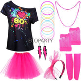 80s Fancy Dress Accessories WomenTutu Skirt Neon Fishnet Gloves Beaded Necklace Bracelet Earrings Adult 80s Party Costume Set