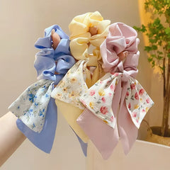 Fairy Women Hair Accessories Bows Scrunchies Ties Flower Floral Print Ribbon Elastic Hair Bands Ponytail Holder Girls Headdress