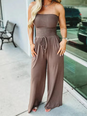 Jumpsuits Women Bodysuit One Pieces Outfits Romper Sexy Flat Shoulder Wrapped Chest Wide Leg Siamese Summer Female Clothing
