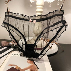 Sexy Women Transparent Panties Pink Bow Cotton Crotch Briefs Female Mesh Breathable Underwear Wave Edged Hollow Out Underpants