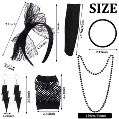 80s Fancy Dress Accessories WomenTutu Skirt Neon Fishnet Gloves Beaded Necklace Bracelet Earrings Adult 80s Party Costume Set
