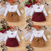 Kid Girl Dress White Long - Sleeved Shirt Ruffled Collar with Trim Corduroy Skirt Large Bow Three Buttons Children Elegant Skirt