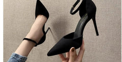 Spring and Autumn High Heel Women 2024 New Versatile Thin Heel Professional L Pointed Black Buckle Strap Single Shoe Women