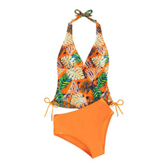 Women'S Two-Piece Swimsuit Sexy Split Triangle Band Pure Colored Leaf Printing Bikini Swimwear Split Swimwear купальник женский
