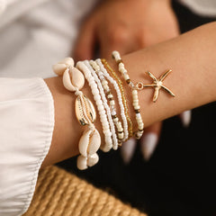 7Pcs/Set Bohemian Recreational Starfish Shell Woven Bracelet Set For Women Summer Beach Vacation Accessories