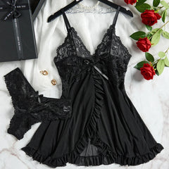 Women Sleepwear Sexy Lingerie Lace Nightdress Mini Dress with Panties Underwear Two-piece Red Backless Pajamas Nightgown Gift