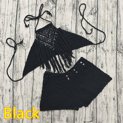 Hand Crochet Beach Bikini Set Women Short Swimwear Sexy Tassel