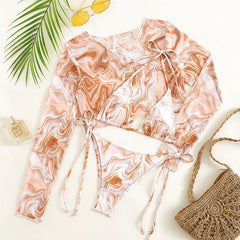 Women Leopard Swimwear 3 Piece Bikini Set 2023 New Long Sleeve Swimsuit String Bathing Suit