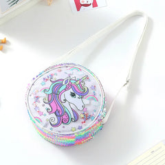 Kids Accessories Summer Lovely Kids Girls Sequin Crossbody Bag 3 Colors Cartoon Printed Round Shoulder Bag with Adjustable Strap
