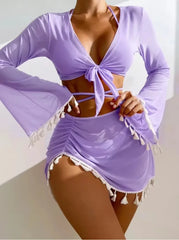 Swimming Suit Women Beach Wear Solid Beach Suit Tassel Cover Up Mesh Short Skirt Bikini Cute Swimming Pool Outfit Spring Summer