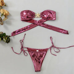Gem Blue Glossy Bikini 2024 Women's Clothing Swimsuit Summer Beach Vacation Outfits Thong Bathing Suit Bandeau Backless Swimwear