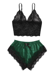 Women's 2 Piece Sexy Lace Pajama Set See-Through Bralette Cami Top and Shorts Breathable Sleepwear Plus Size Summer Lingerie