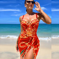 Underwire Women Sexy Swimsuit 2 Piece Swimwear Slim Monokini Chains Print Push Up Bikini Black Blue Green Beachwear Light luxury