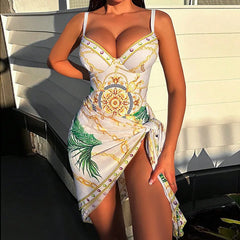Underwire Women Sexy Swimsuit 2 Piece Swimwear Slim Monokini Chains Print Push Up Bikini Black Blue Green Beachwear Light luxury