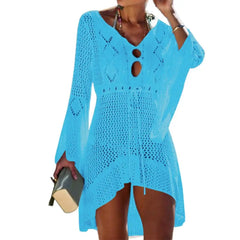 Summer Women Bikini Cover Up Hollow Out Knitted Flared Sleeves Swimwear Cover Up Solid Color Drawstring Beach Dress For Vacation
