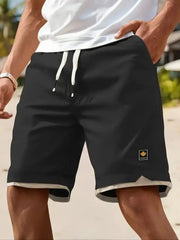 Men's Casual Summer Shorts with Pockets - Black, Elastic Waistband, Drawstring, Polyester, Two-Layer Design, Lightweight & Breat