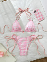 Sexy Pink Plaid Bikinis Sets Women Bead String Strap Push Up Drawstring Side Thong Swimsuit 2025 Beach Bathing Suit Swimwear