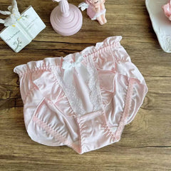 Women Milk Silk Ruffle Soft Underwear Middle Waist Smooth Cute Lovely Sweety Panties Princess Style Breathable Elasticity Breifs