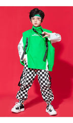 Kid Hip Hop Clothing Sleeveless Jacket Top Streetwear Checkered Tactical Cargo Jogger Pants for Girls Boys Dance Costume Clothes