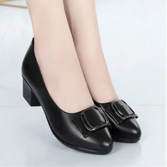 Soft Leather Office Work Shoes Women's Four-season Versatile Medium Heel Shoes Thick Heel Shallow Professional Leather Shoes