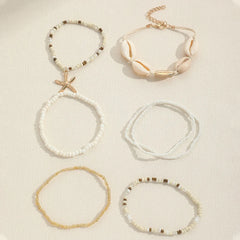 7Pcs/Set Bohemian Recreational Starfish Shell Woven Bracelet Set For Women Summer Beach Vacation Accessories