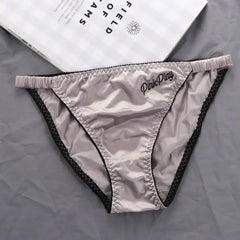 Sexy Girl Thongs Women Glossy Underwear Panty Low Waist Solid Color Satin Fabric Briefs Embroidery Fitness Sports Underpants