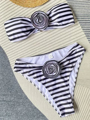 3D Flowers Striped Bikinis Strapless Bandeau Bikini 2025 Female Swimsuit Women Swimwear Two-pieces Bikini Set Bathing Suit Swim