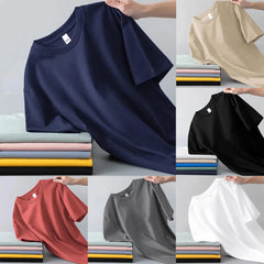 Spring Summer New Polyester Simple Casual Short Sleeve T-shirts For Men Clothing Solid Color Loose Streetwear