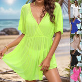 2025 Trend Sarong Beachwear Women Summer Bath Exit Dress Beach Cover Up V Neck Short Sleeve Bikini Coverup Green praiaa feminino