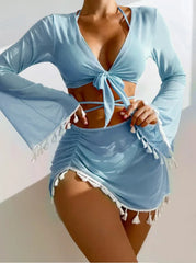 Swimming Suit Women Beach Wear Solid Beach Suit Tassel Cover Up Mesh Short Skirt Bikini Cute Swimming Pool Outfit Spring Summer