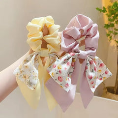 Fairy Women Hair Accessories Bows Scrunchies Ties Flower Floral Print Ribbon Elastic Hair Bands Ponytail Holder Girls Headdress