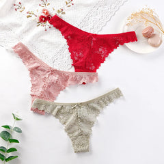 Women Sexy Lace Lingerie Low-waist Panties Embroidery Thong Transparent Hollow out Underwear Female G String