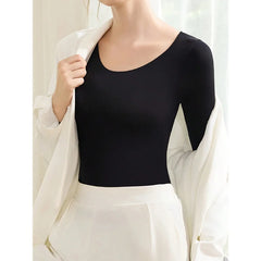 2 Pcs Women's Seamless Ultra-Thin Thermal Underwear - Soft & Comfy Long Sleeve Round Neck Top Perfect For Lingerie & Sleepwear