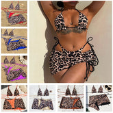 Double sided wearable Swimsuit No pads 2025 Summer 3pcs Set Leopard female Swimsuit Top Bottom bikinis Cover Ups Tong Biquinis