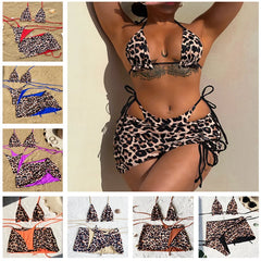 Double sided wearable Swimsuit No pads 2025 Summer 3pcs Set Leopard female Swimsuit Top Bottom bikinis Cover Ups Tong Biquinis