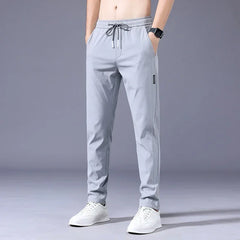 Summer Men's Casual Pants Thin Soft Elasticity Lace-up Waist Solid Color Pocket Applique Korea Grey Black Work Trousers Male