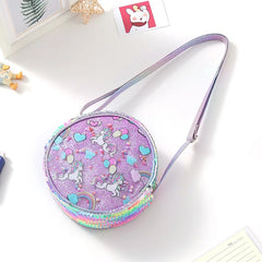 Kids Accessories Summer Lovely Kids Girls Sequin Crossbody Bag 3 Colors Cartoon Printed Round Shoulder Bag with Adjustable Strap