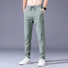 Summer Men's Casual Pants Thin Soft Elasticity Lace-up Waist Solid Color Pocket Applique Korea Grey Black Work Trousers Male