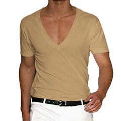 European and American Mens V Neck Sports T-Shirt Summer Cultivate One's Self Casual Solid Color Street Short Sleeve T-Shirt Top