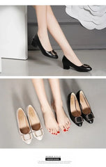 Soft Leather Office Work Shoes Women's Four-season Versatile Medium Heel Shoes Thick Heel Shallow Professional Leather Shoes