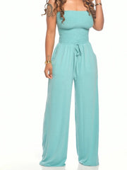 Jumpsuits Women Bodysuit One Pieces Outfits Romper Sexy Flat Shoulder Wrapped Chest Wide Leg Siamese Summer Female Clothing