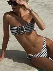 3D Flowers Striped Bikinis Strapless Bandeau Bikini 2025 Female Swimsuit Women Swimwear Two-pieces Bikini Set Bathing Suit Swim