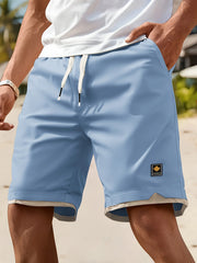 Men's Casual Summer Shorts with Pockets - Black, Elastic Waistband, Drawstring, Polyester, Two-Layer Design, Lightweight & Breat
